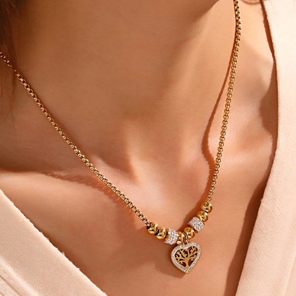 18K Gold-Plated Stainless Steel Elegant Necklace🌳Tree of Life Heart Charm 💖 - Picture 9 of 11
